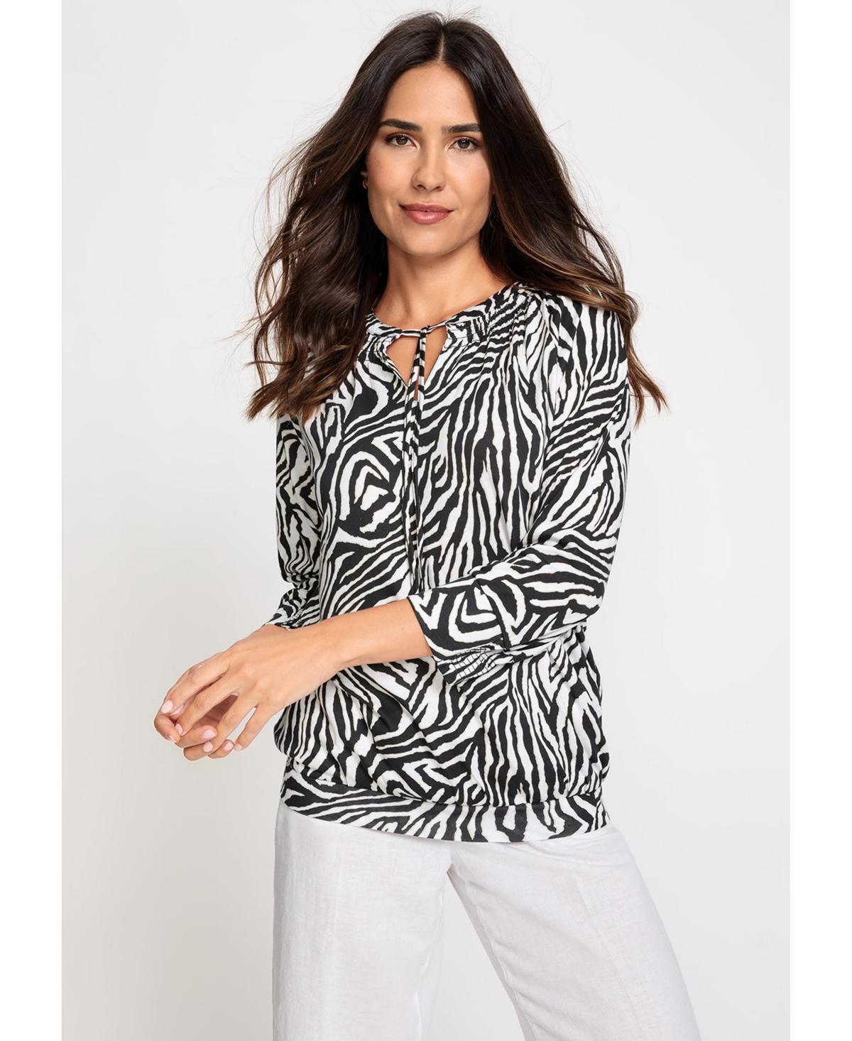 Olsen Womens Cotton Blend 3/4 Sleeve Zebra Print Tie-Neck T-Shirt Product Image