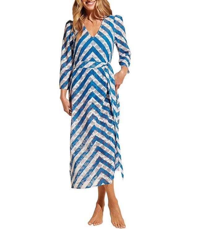 STYLEST AQUALACE™ Striped Chevron Puff Sleeve Belted Caftan Swim Cover-Up Dress Product Image