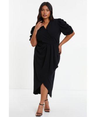 Plus Size Wrap Pleated Ruched Sleeve Midi Dress Product Image