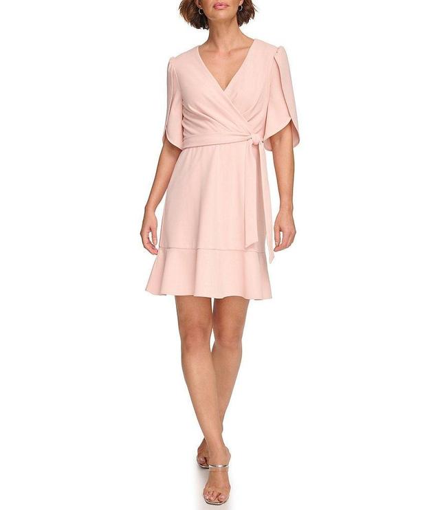 DKNY by Donna Karan Crepe Jersey Short Tulip Sleeve Surplice V-Neck Wrap Dress Product Image