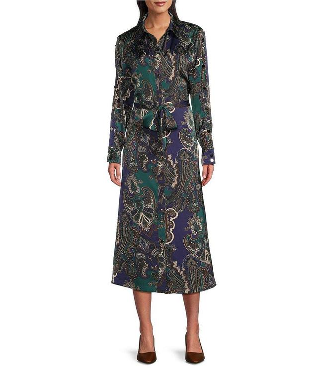 Ming Wang Crepe de Chine Charmeuse Paisley Print Point Collar Long Sleeve Self-Tie Button Front Maxi Shirt Dress Product Image