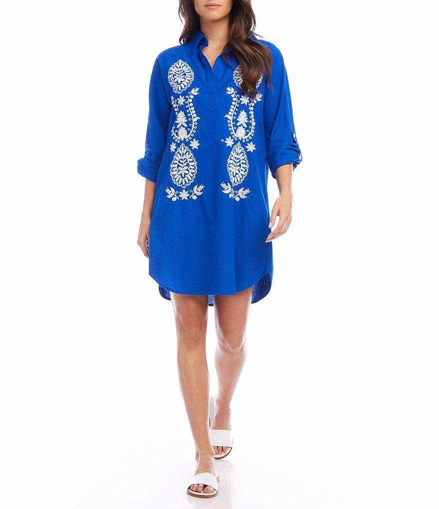 Karen Kane Embroidered Point Collar Roll-Tab Sleeves Button Front Shirt Dress Product Image