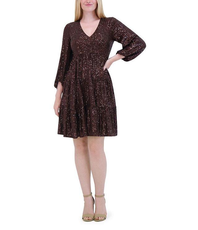 Eliza J V-Neck 3/4 Balloon Sleeve Sequin Tiered Trapeze Dress Product Image