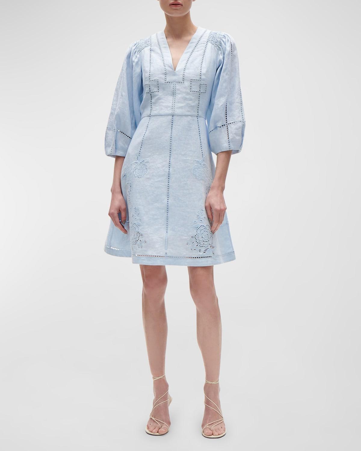 Verna Lattice Embroidered 3/4-Sleeve Linen Mini Dress Product Image