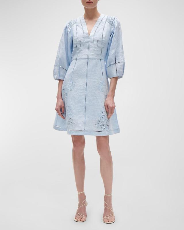 Verna Lattice Embroidered 3/4-Sleeve Linen Mini Dress Product Image