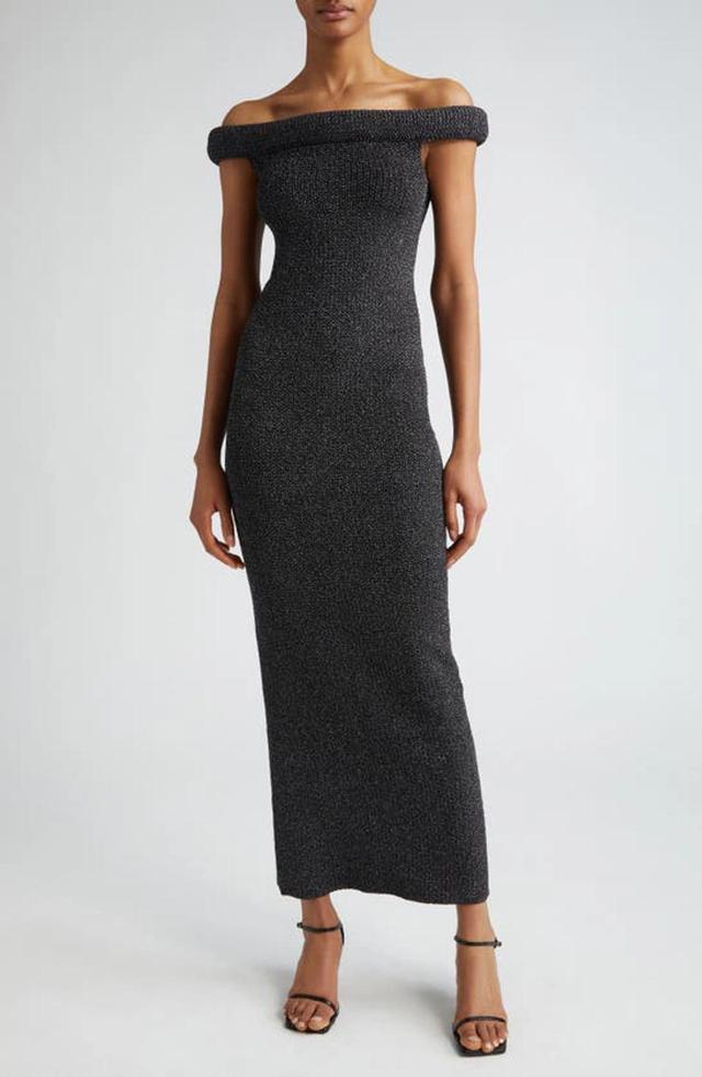 Off-shoulder Rib Knitted Dress In Black Wool Blend Woman Product Image