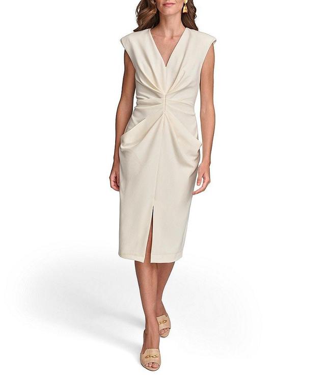 Donna Karan Sleeveless V-Neck Ruched Crepe Sheath Dress Product Image