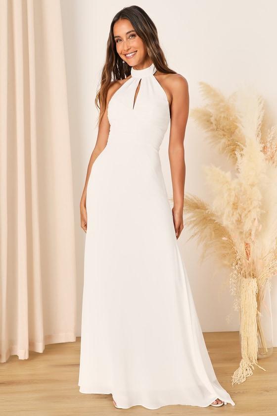 Elegant Glamour White Pleated Halter Cutout Maxi Dress Product Image