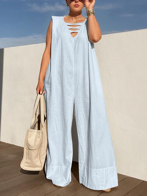 Loose Sleeveless Hollow Solid Color V-Neck Jumpsuits Product Image