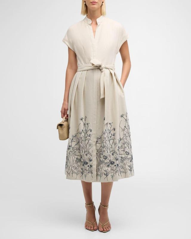 Pleated Floral-Embroidered Midi Dress Product Image