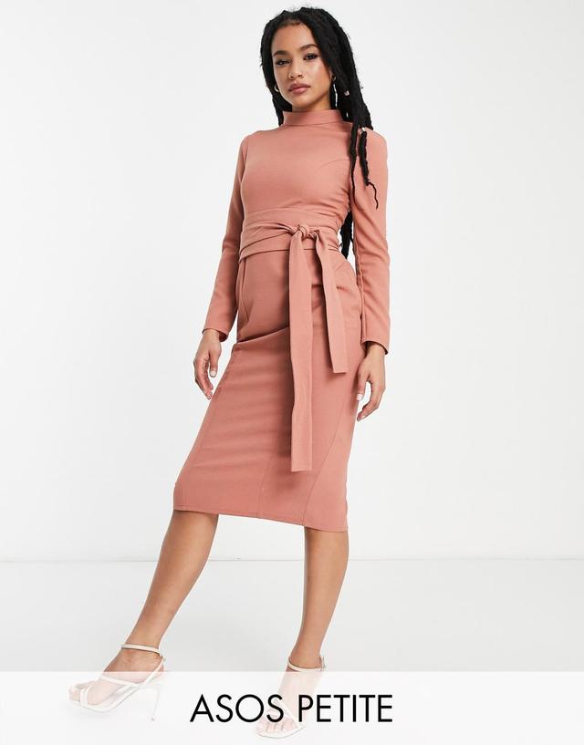 ASOS DESIGN Petite long sleeve midi dress with obi belt in terracotta Product Image