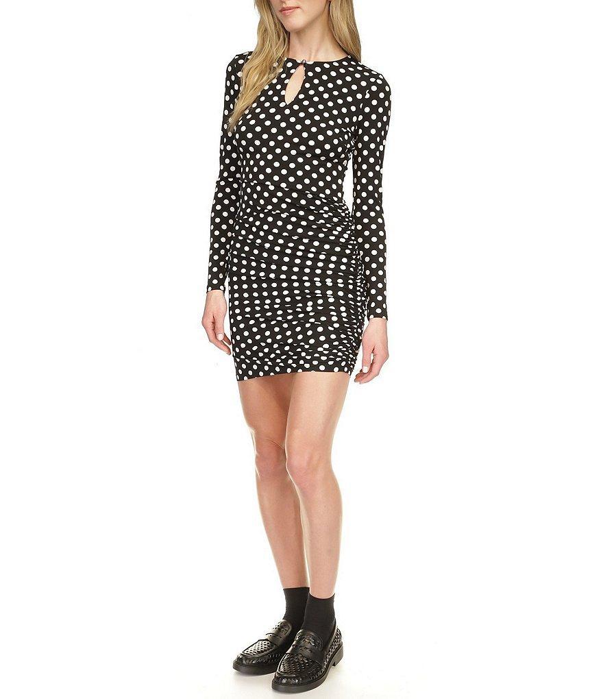 Michael Kors Polka Dot Matte Jersey Keyhole Crew Neck Long Sleeve Bodycon Mini Dress Product Image