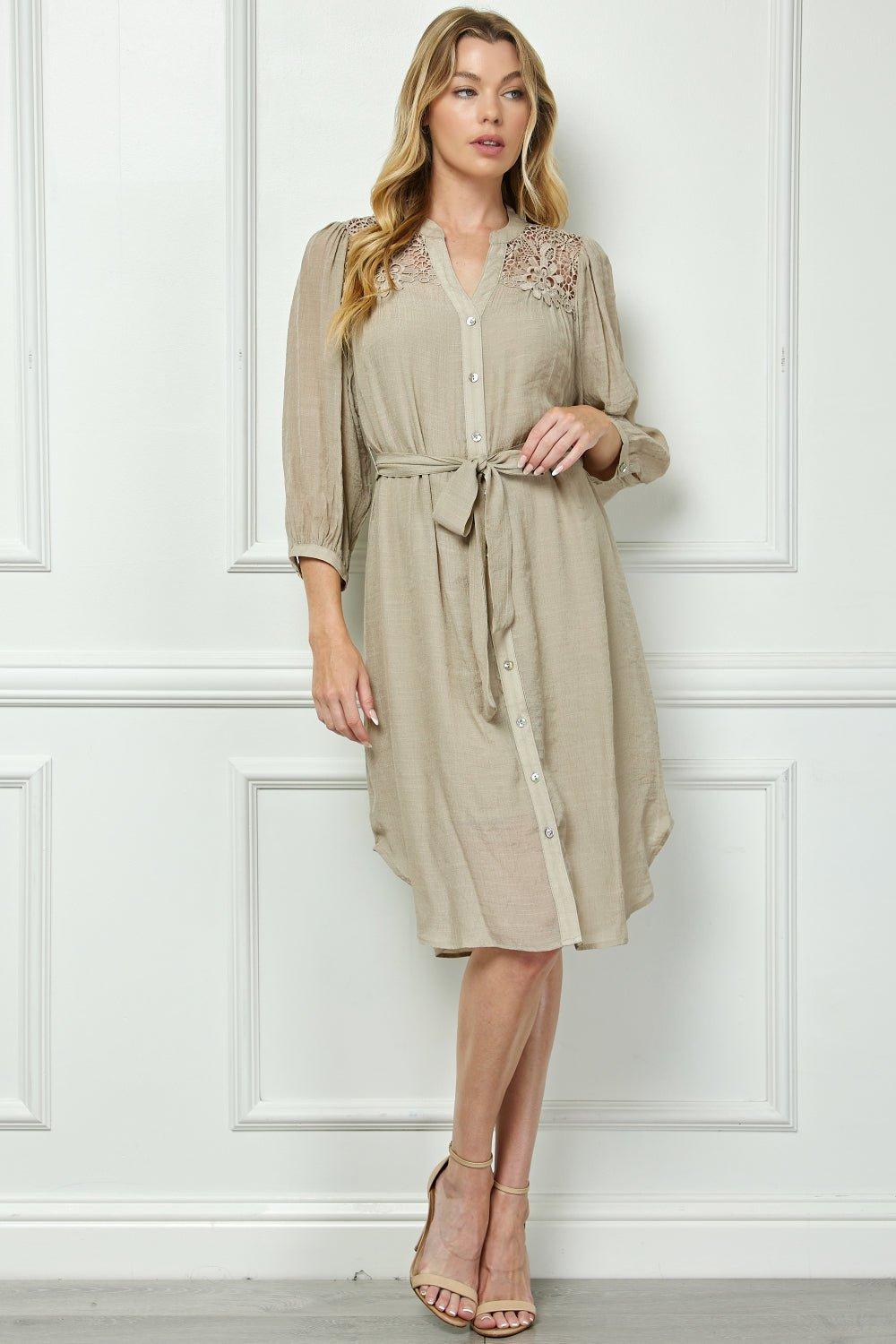 Button Front Yoke Neck Dress With Lace Shoulders Product Image