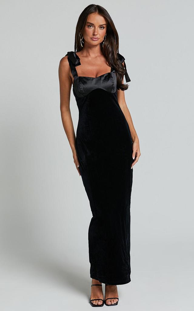 Michelle Midi Dress - Tie Shoulder Satin Bust Detail Velvet Dress in Black Product Image