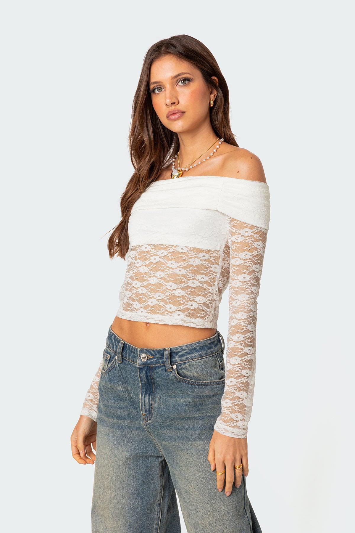 Elysia Fold Over Sheer Lace Top Product Image