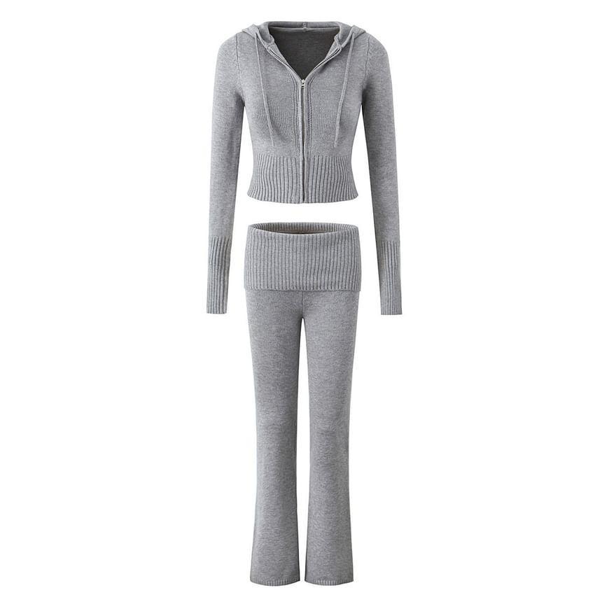 Hooded Plain Zip Up Cropped Cardigan / Mid Waist Plain Flared Pants Product Image