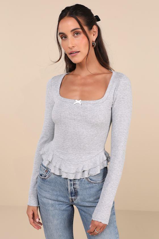 Instinctually Cute Heather Grey Ribbed Ruffled Long Sleeve Top Product Image