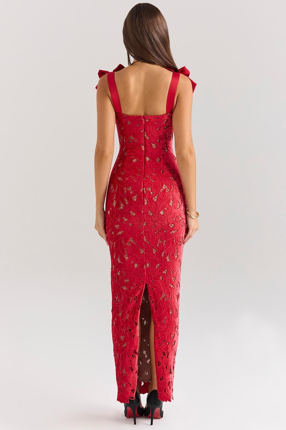 Tiff Holly Red Velvet Lace Maxi Dress Product Image