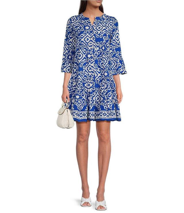 Calessa Abstract Print Banded Collar Split Neck 3/4 Sleeve Button Front Shirt Dress Product Image