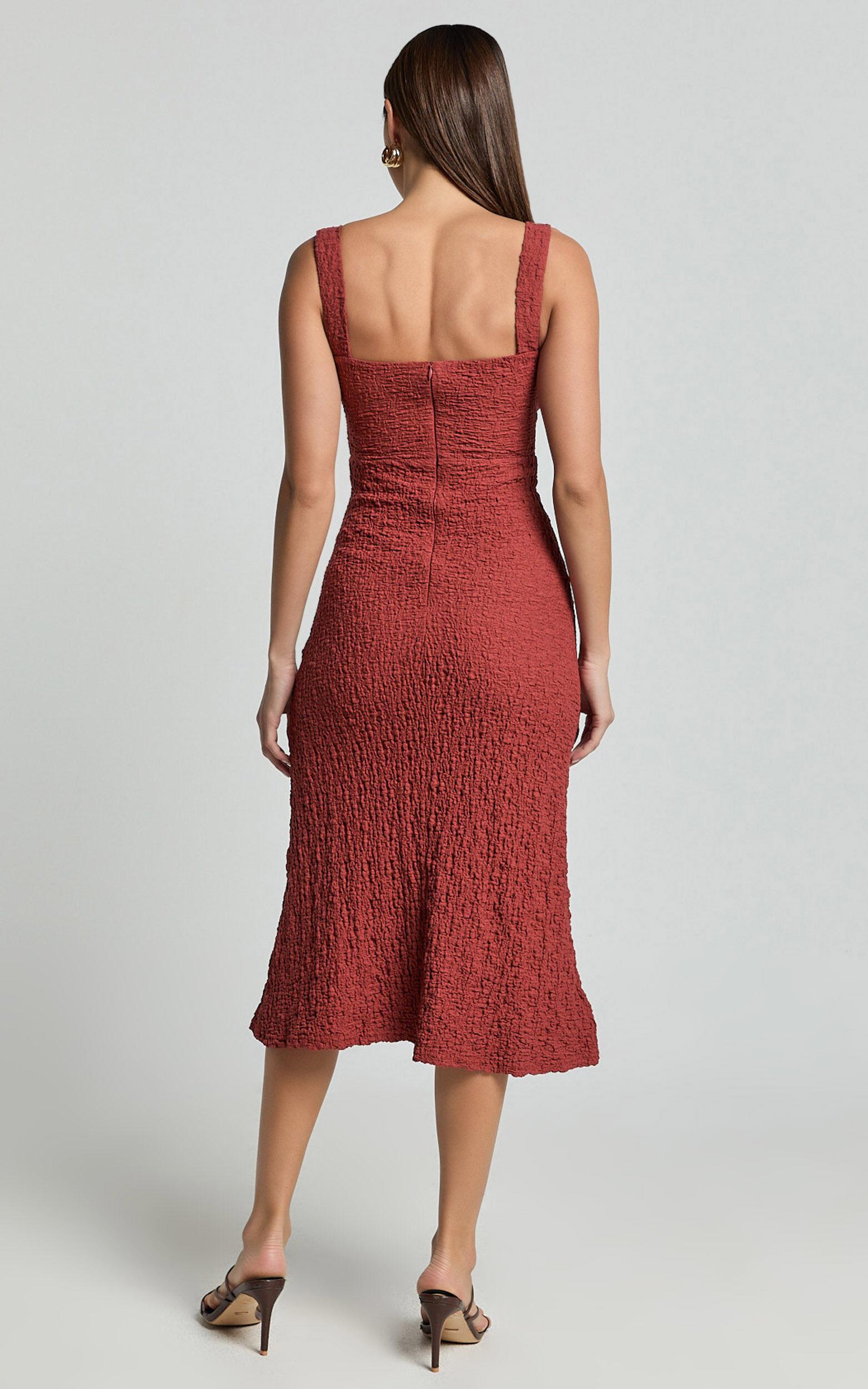 Olsen Midi Dress - Textured Wide Strap Tie Front Dress in Burnt Rust Product Image