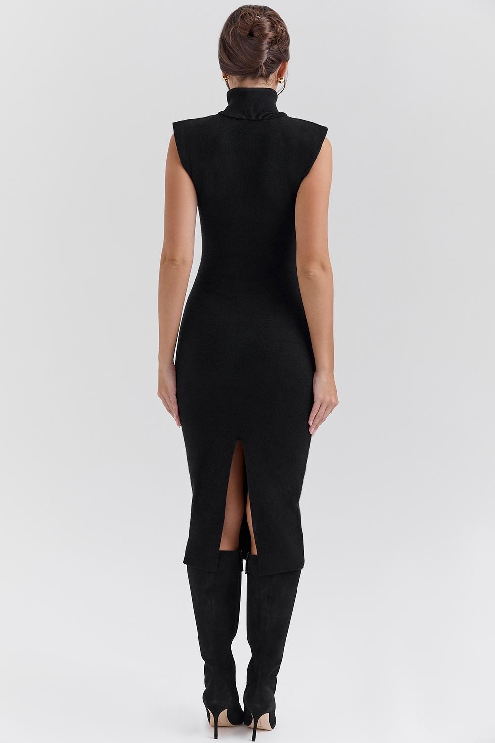 Gaia Black Cashmere Blend Turtle Neck Midi Dress Product Image