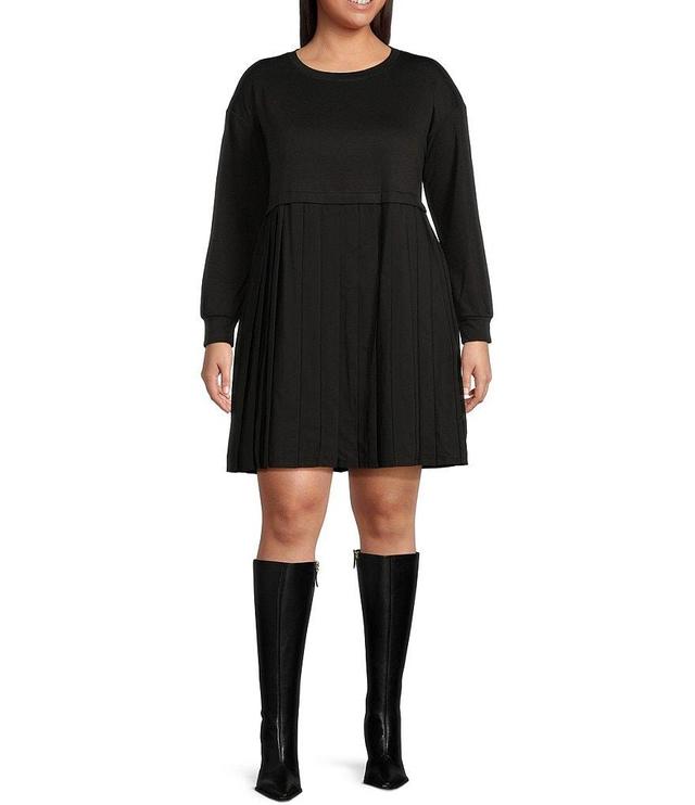 Moa Moa Plus Size Long Sleeve Pleated-Skirt Fit & Flare Dress Product Image