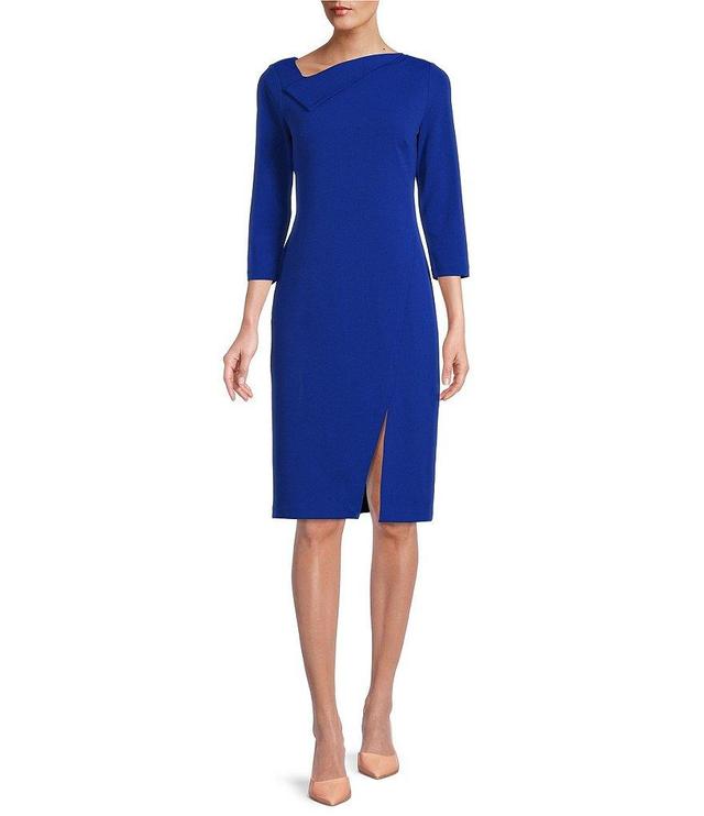 Calvin Klein Asymmetric Fold Over Neck Front Slit 3/4 Sleeve Sheath Dress Product Image