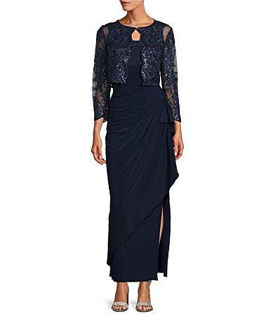 Alex Evenings Embroidered Floral Lace 2-Piece Scoop Neck 34 Sleeve Slit 2 Product Image