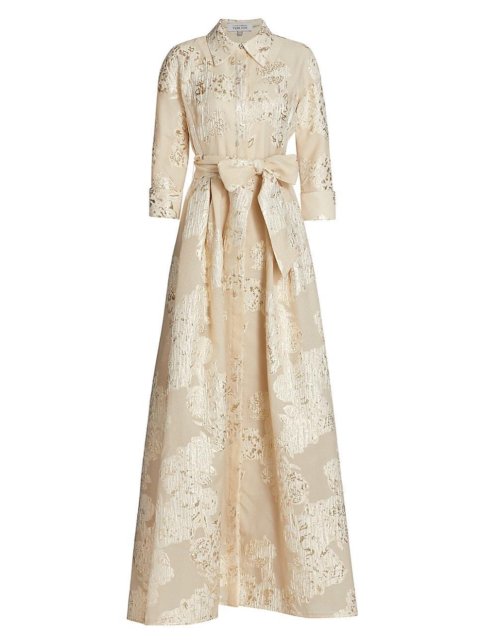 Womens Three-Quarter Sleeve Metallic Jacquard Shirt Waist Gown Product Image