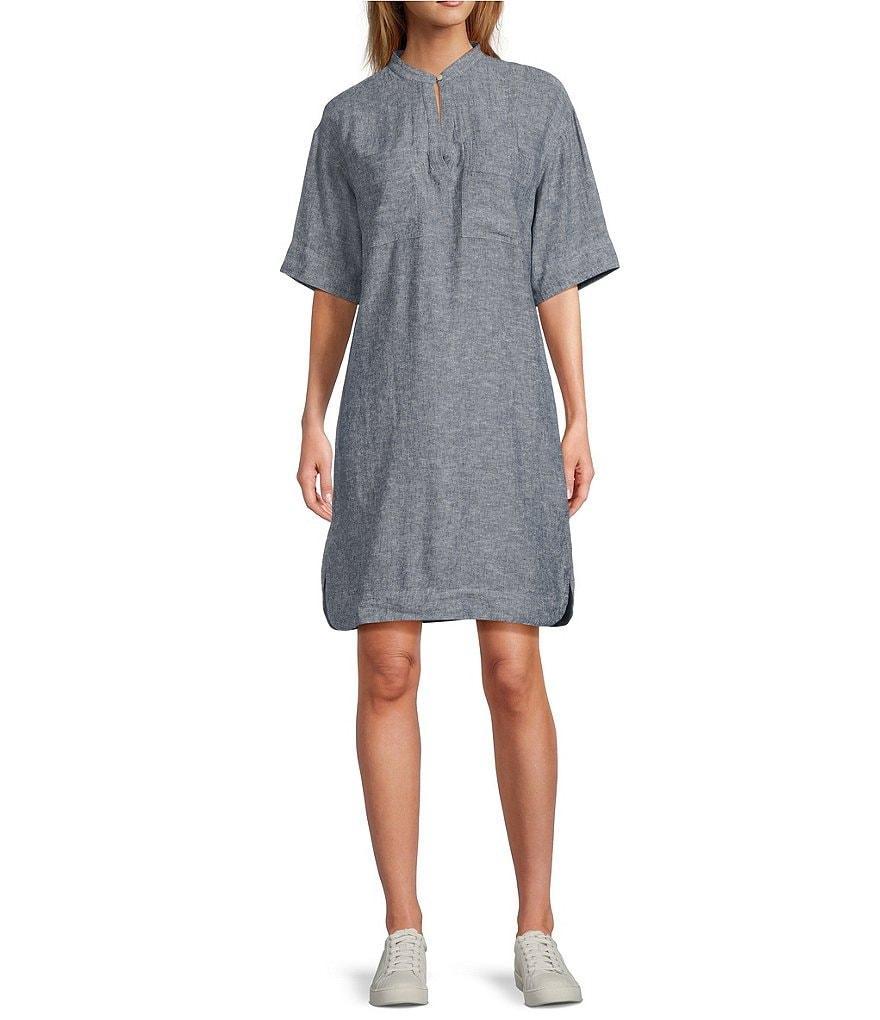 L.L.Bean Linen Blend Split Neckline Short Sleeve Dress Product Image