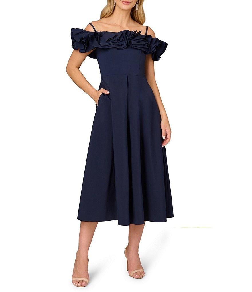 Aidan Mattox Stretch Taffeta V-Neck Ruffle Cold Shoulder Pleated Midi Dress Product Image