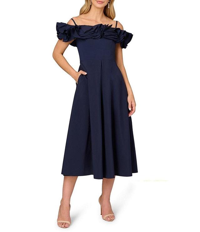 Aidan Mattox Stretch Taffeta V-Neck Ruffle Cold Shoulder Pleated Midi Dress Product Image