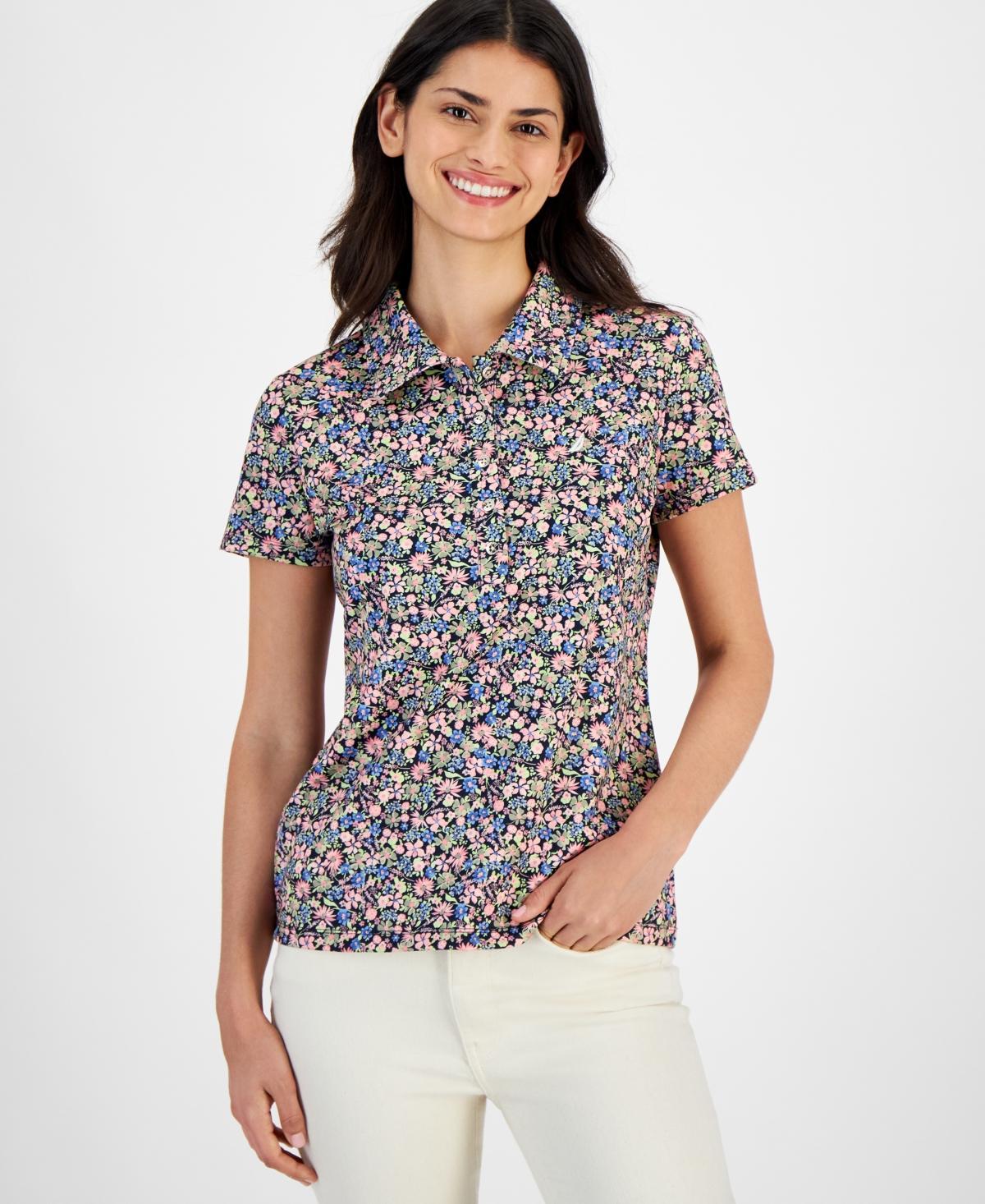 Nautica Jeans Womens Ditsy Floral-Print Polo Shirt Product Image