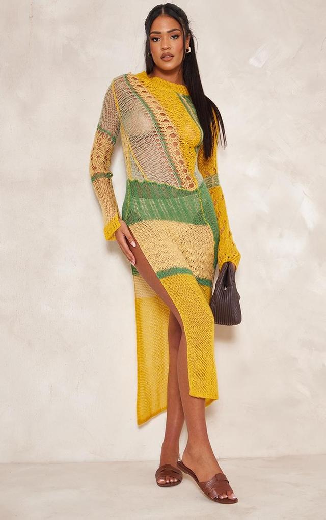 Tall Yellow Open Knit Distressed Maxi Dress With Side Split Product Image