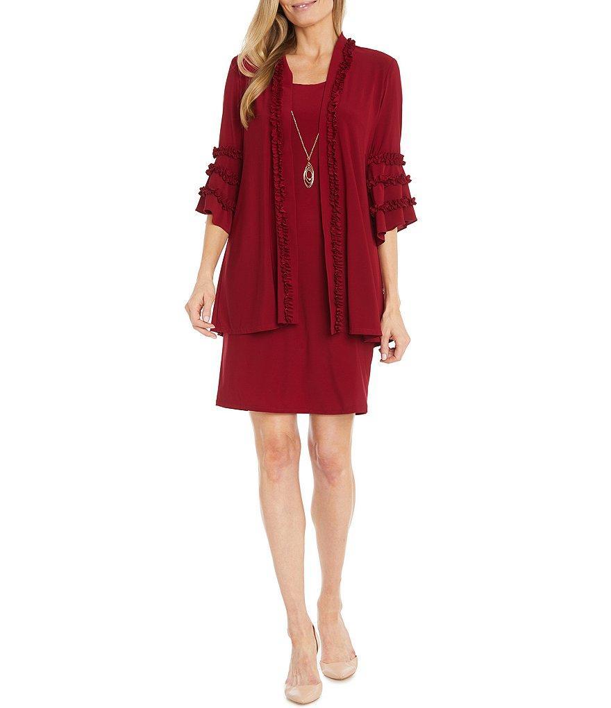 R & M Richards 3/4 Sleeve Crew Neck Ruffle Detail 2-Piece Jacket Dress Product Image