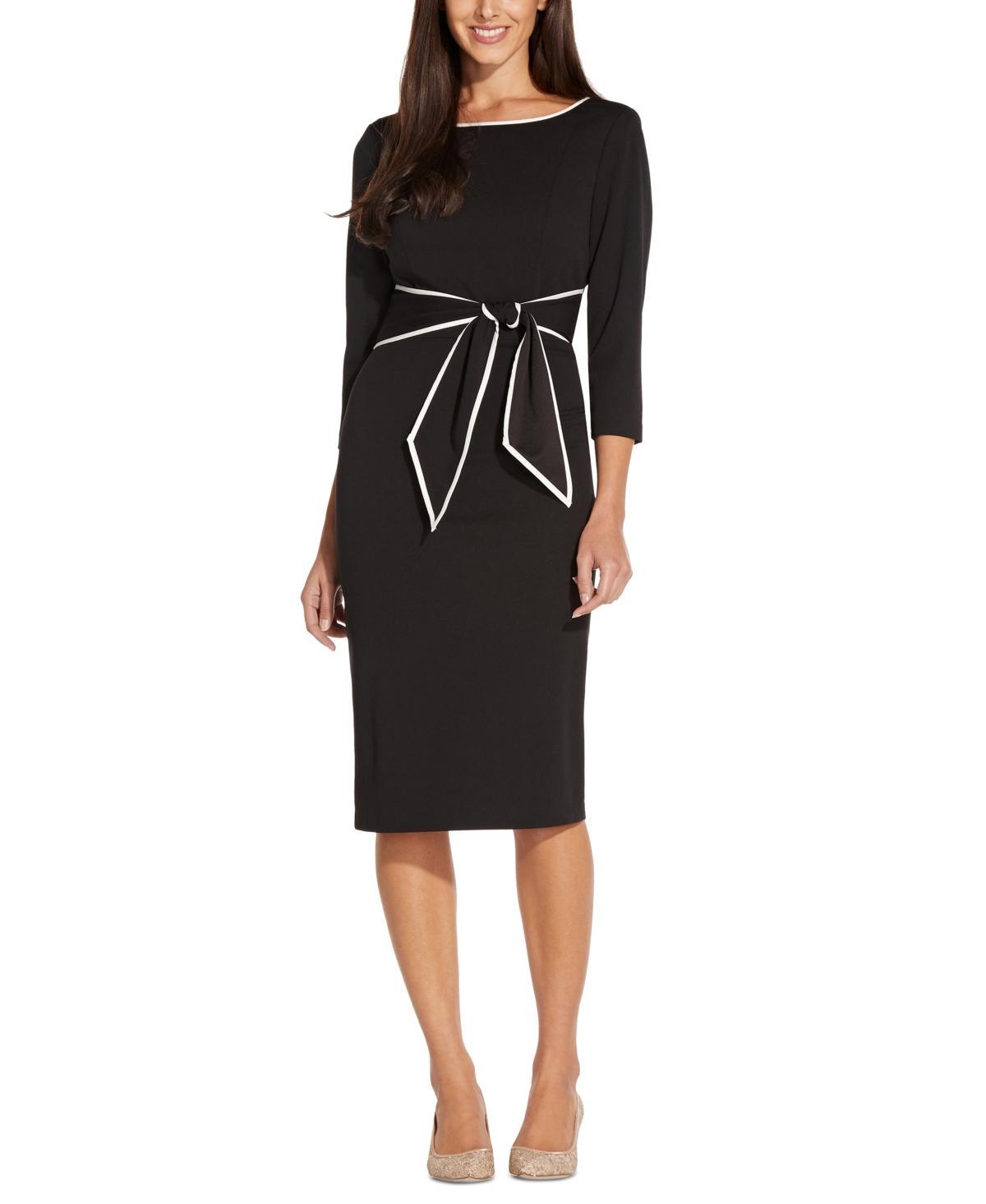 Adrianna Papell Contrasting Trim Boat Neck 34 Sleeve Tie Waist Crepe Sheath Dress Product Image