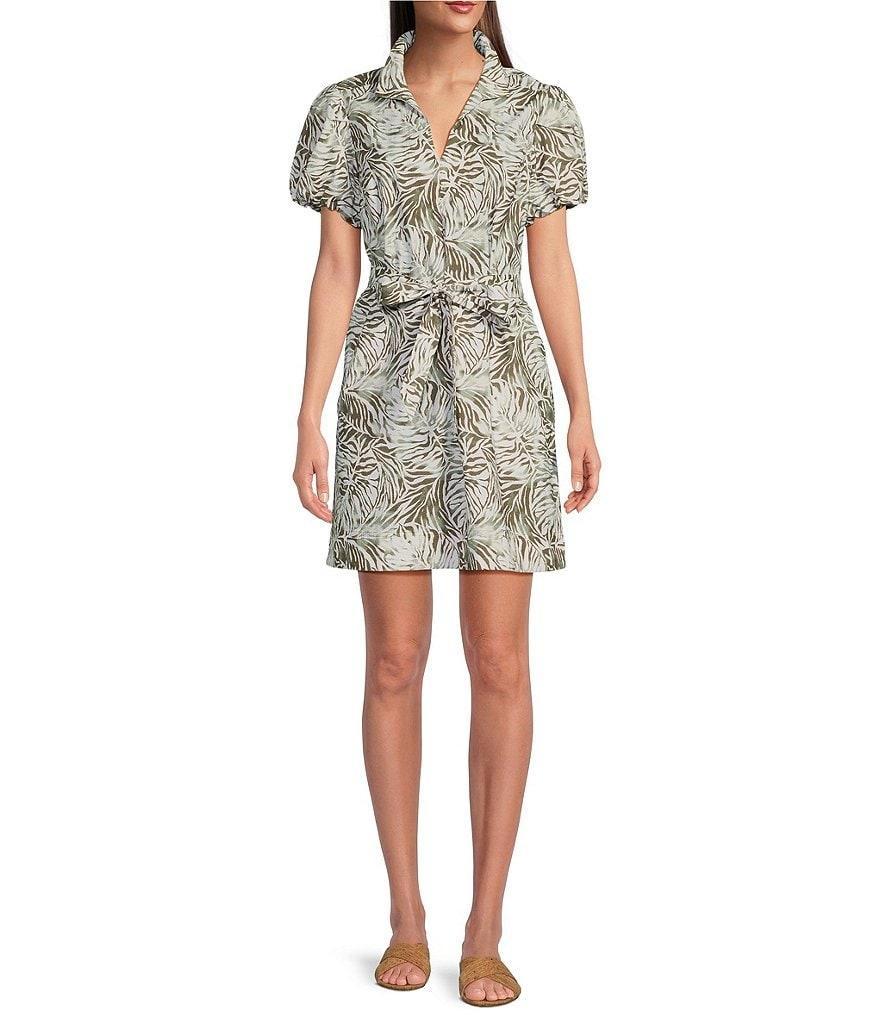 Tommy Bahama Leaf Printed Convertible Collar Short Puff Sleeve Dress Product Image