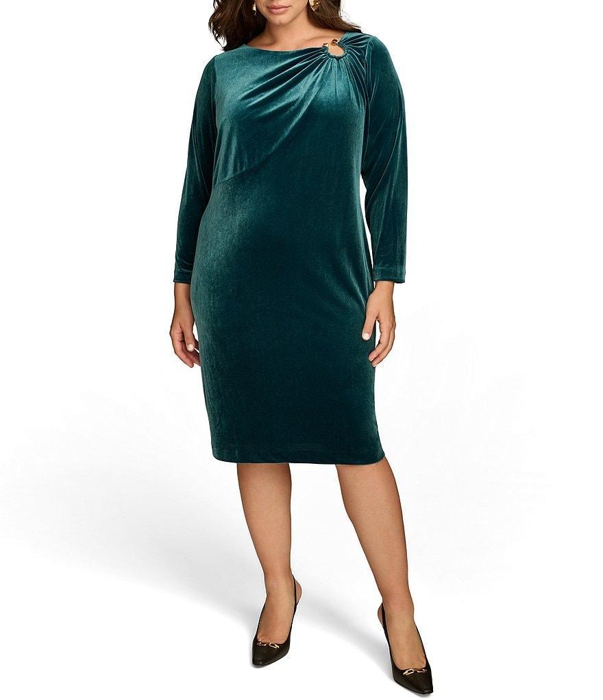 Donna Karan Plus Size Velvet Boat Neck Long Sleeve Hardware Sheath Dress Product Image