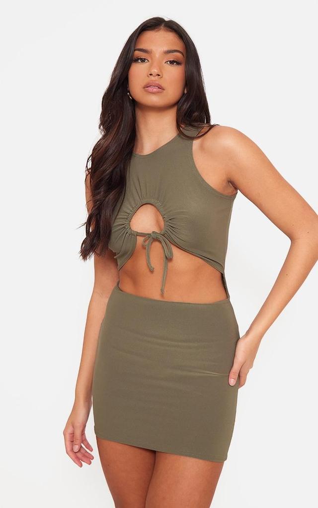 Khaki Slinky Cowl Neck Cut Out Bodycon Dress Product Image