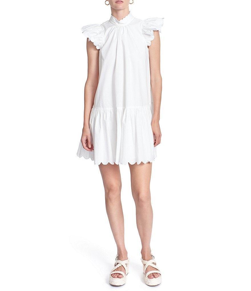 COREY LYNN CALTER Charlotte Cotton Poplin Mock Neck Short Flutter Sleeve Ruffle Shift Dress product image