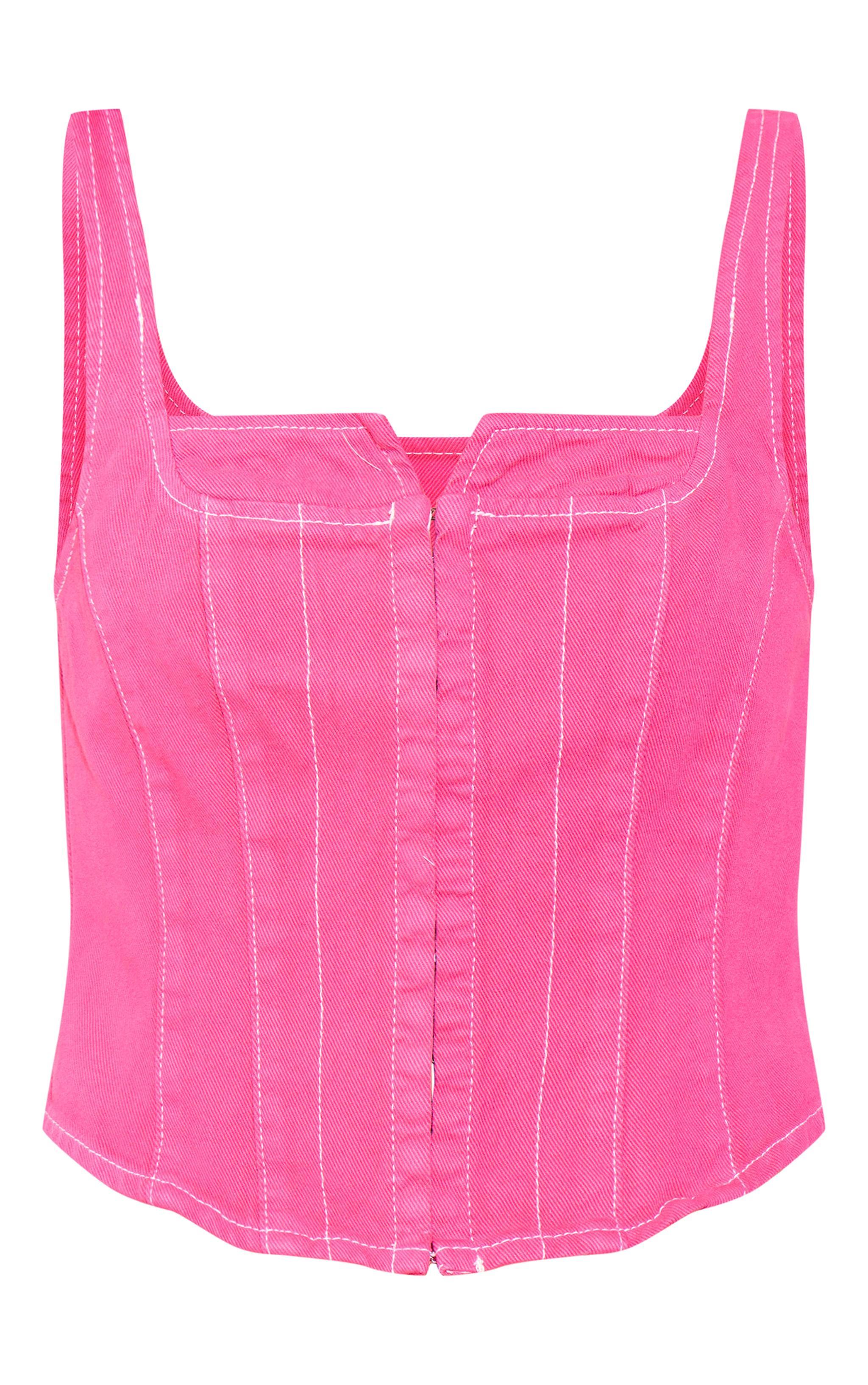 Pink Denim Contrast Stitch Corset Top Product Image