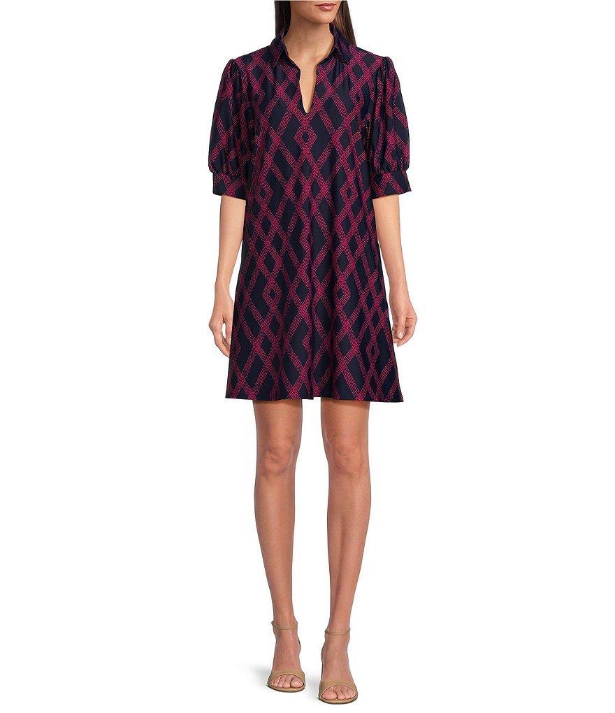 Jude Connally Emerson Diamond Lattice Navy Print Jude Cloth Knit Point Collar Puffed Sleeve Shift Dress Product Image