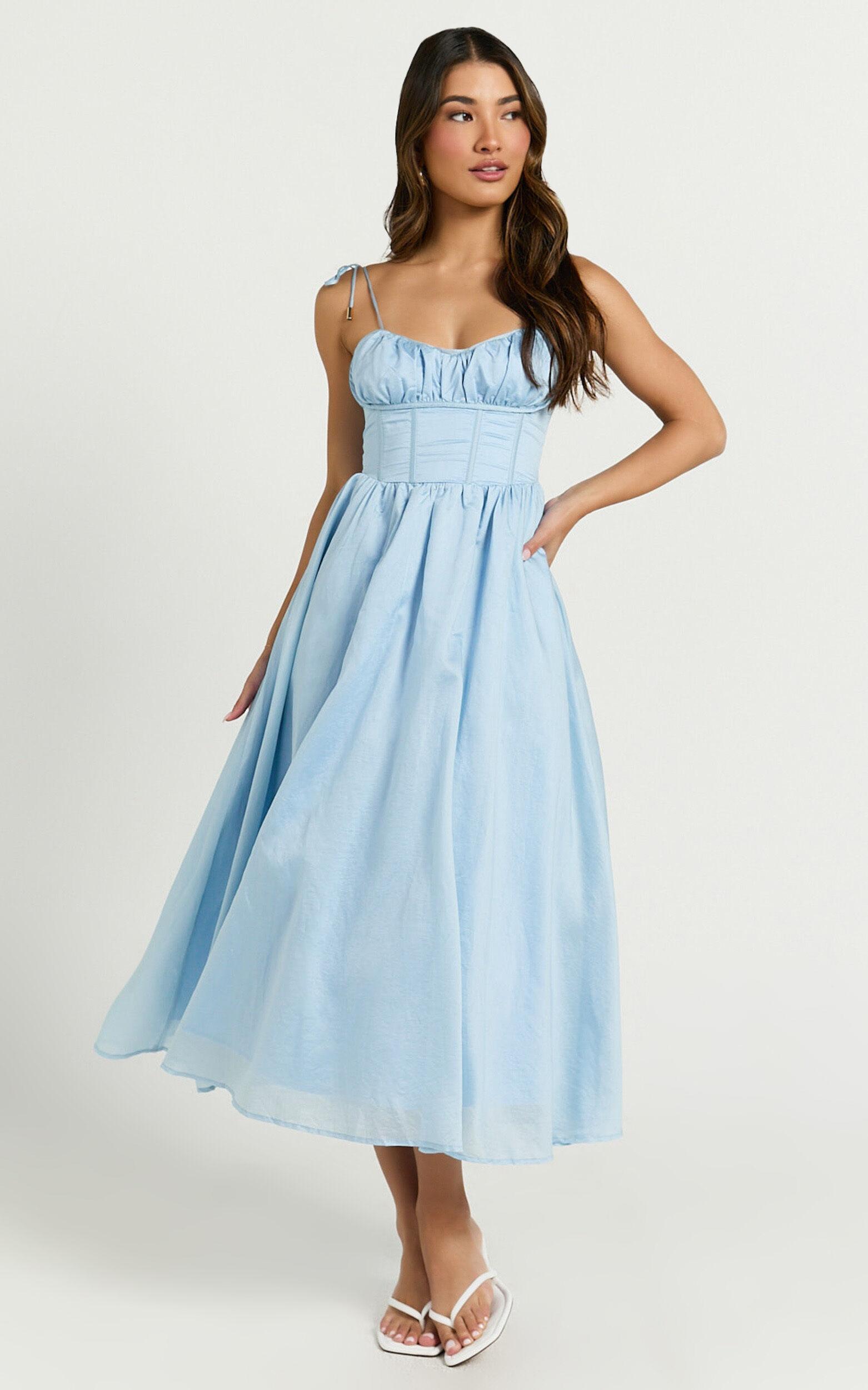 Dolores Midi Dress - Strappy Ruched Bust Corset Waist Dress in Blue Product Image