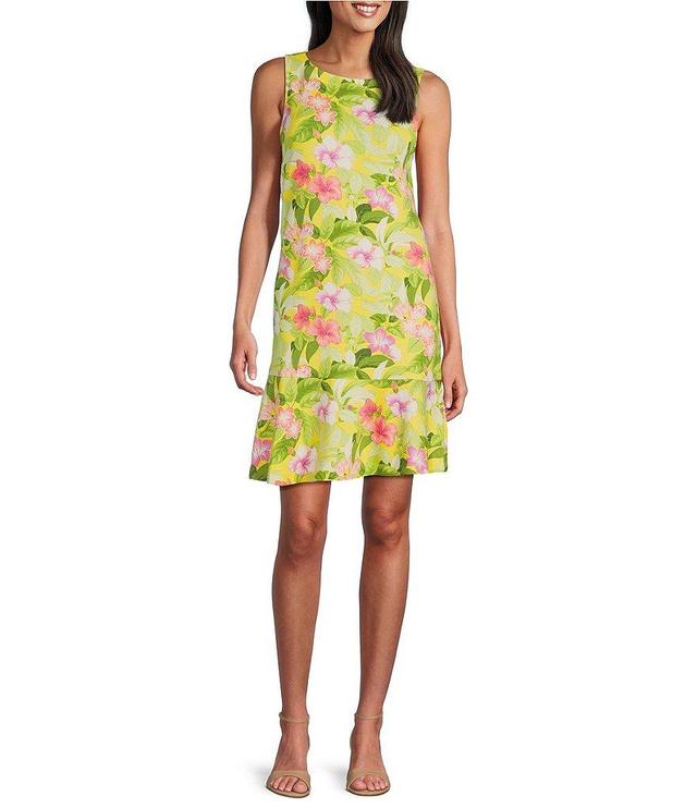 Tommy Bahama Tropical Floral Print Crew Neck Sleeveless Flounce Hem Dress Product Image