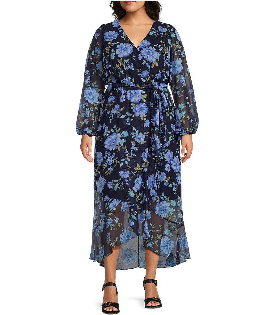 Ignite Evenings Plus Size Long Sleeve V-Neck Tie Waist Floral Chiffon Maxi Dress Product Image