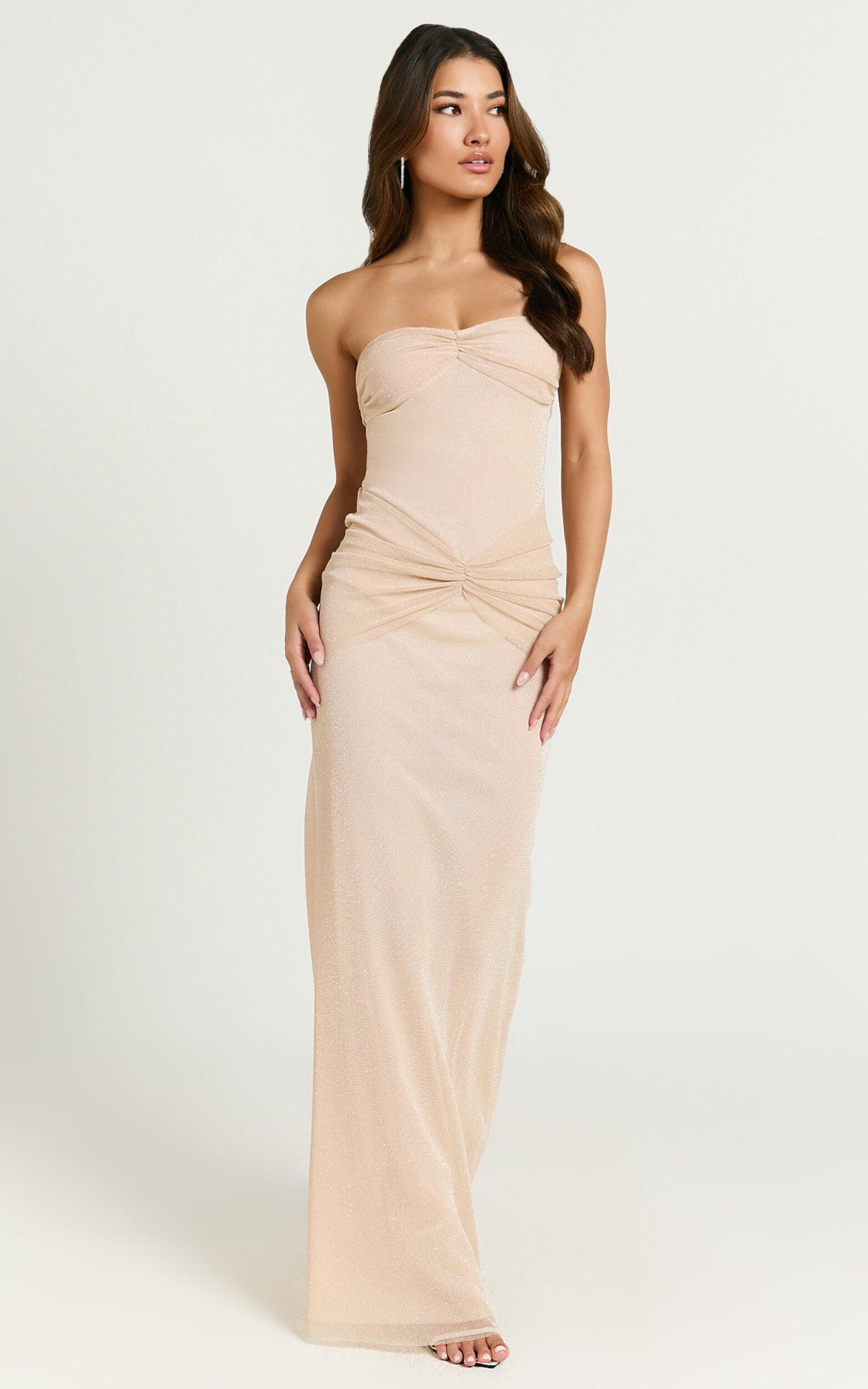 Uma Maxi Dress - Glitter Tulle Strapless Ruched Side Dress in Nude Product Image