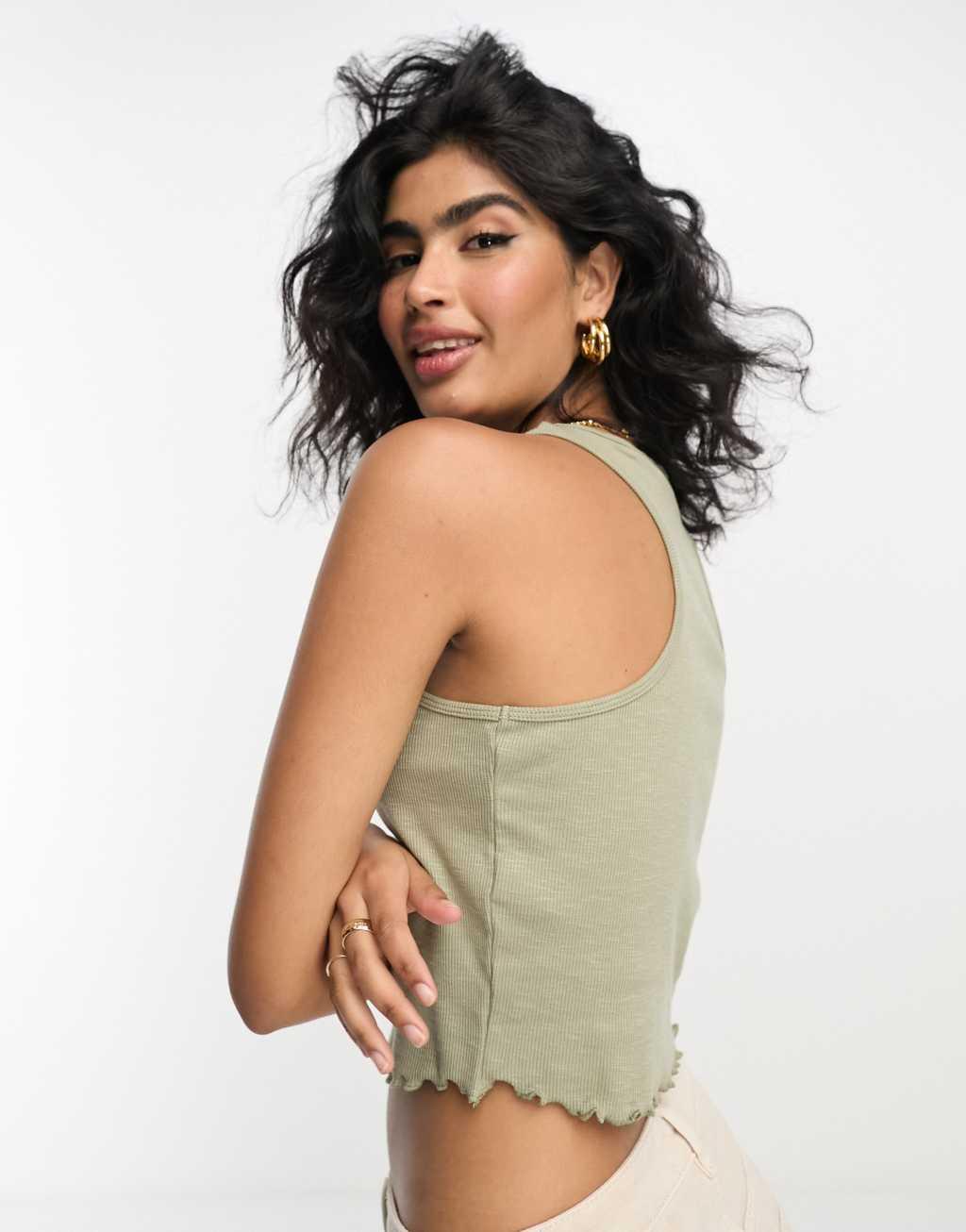 ASOS DESIGN extreme racer tank top with lettuce hem in khaki Product Image