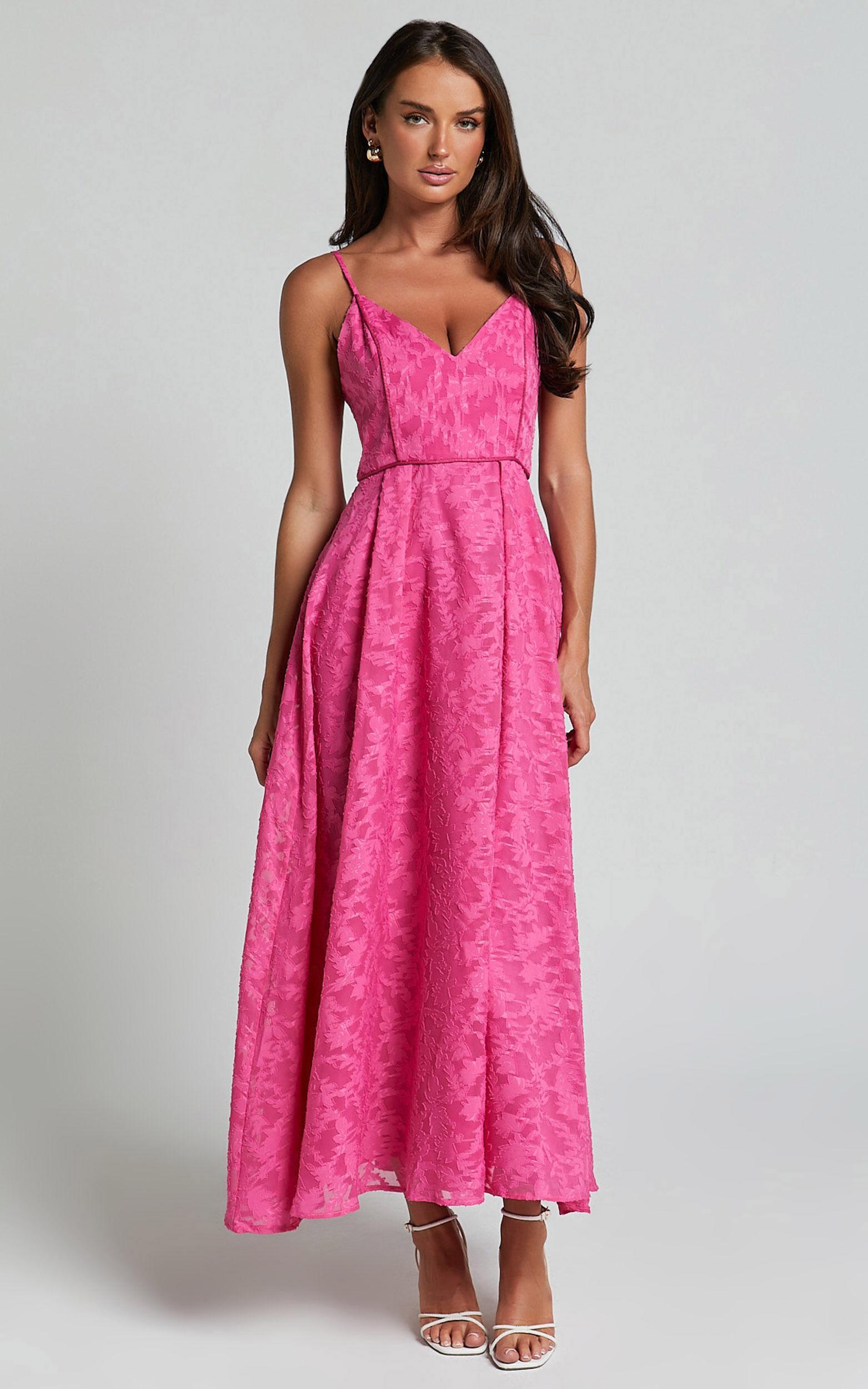 Philine Midi Dress - Jacquard Plunge Fit and Flare Dress in Pink Product Image