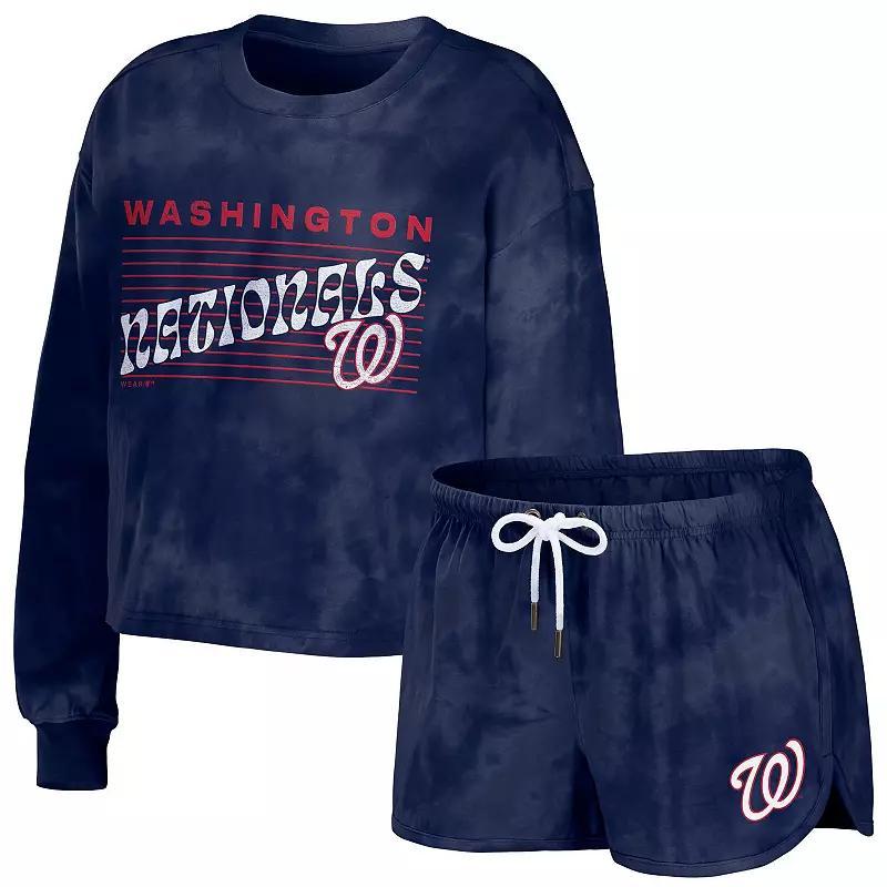 Womens WEAR by Erin Andrews Washington Nationals Tie-Dye Cropped Pullover Sweatshirt & Shorts Lounge Set Blue Product Image