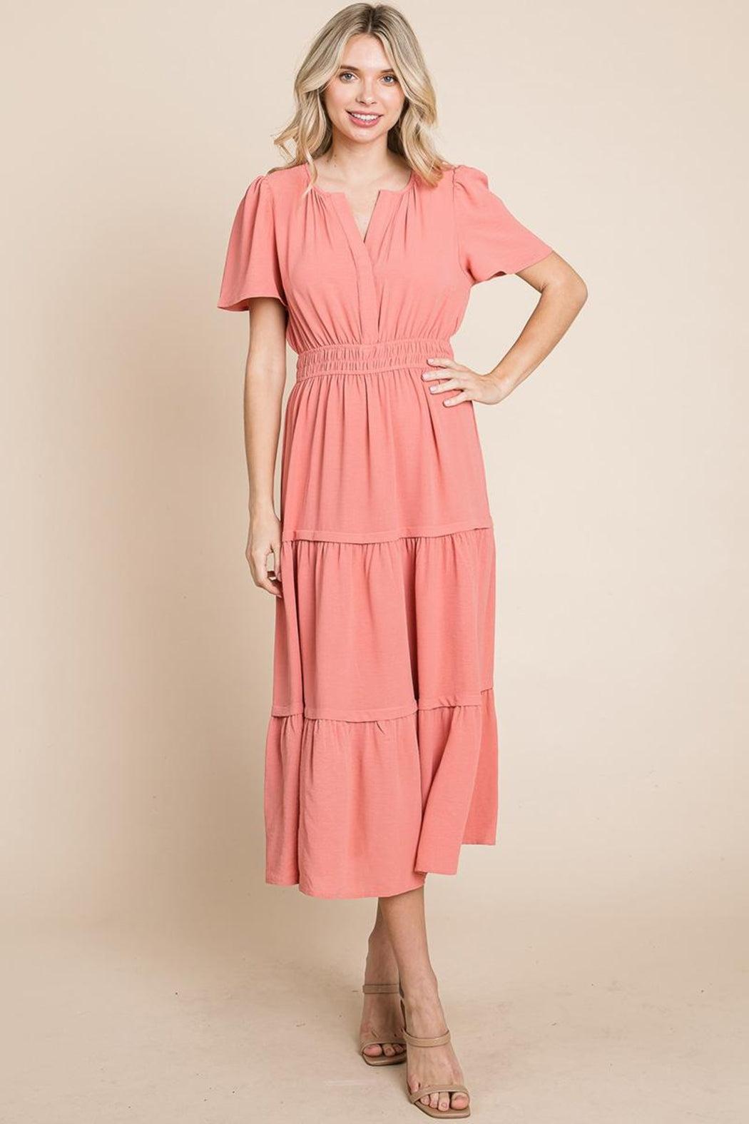 V Neck Short Sleeve Layered Maxi Dress Product Image